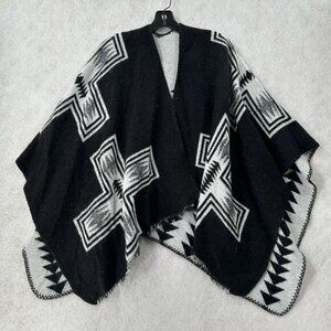 Old Navy Aztec Poncho One Size Open Front Shawl Sweater Cape Black‎ White